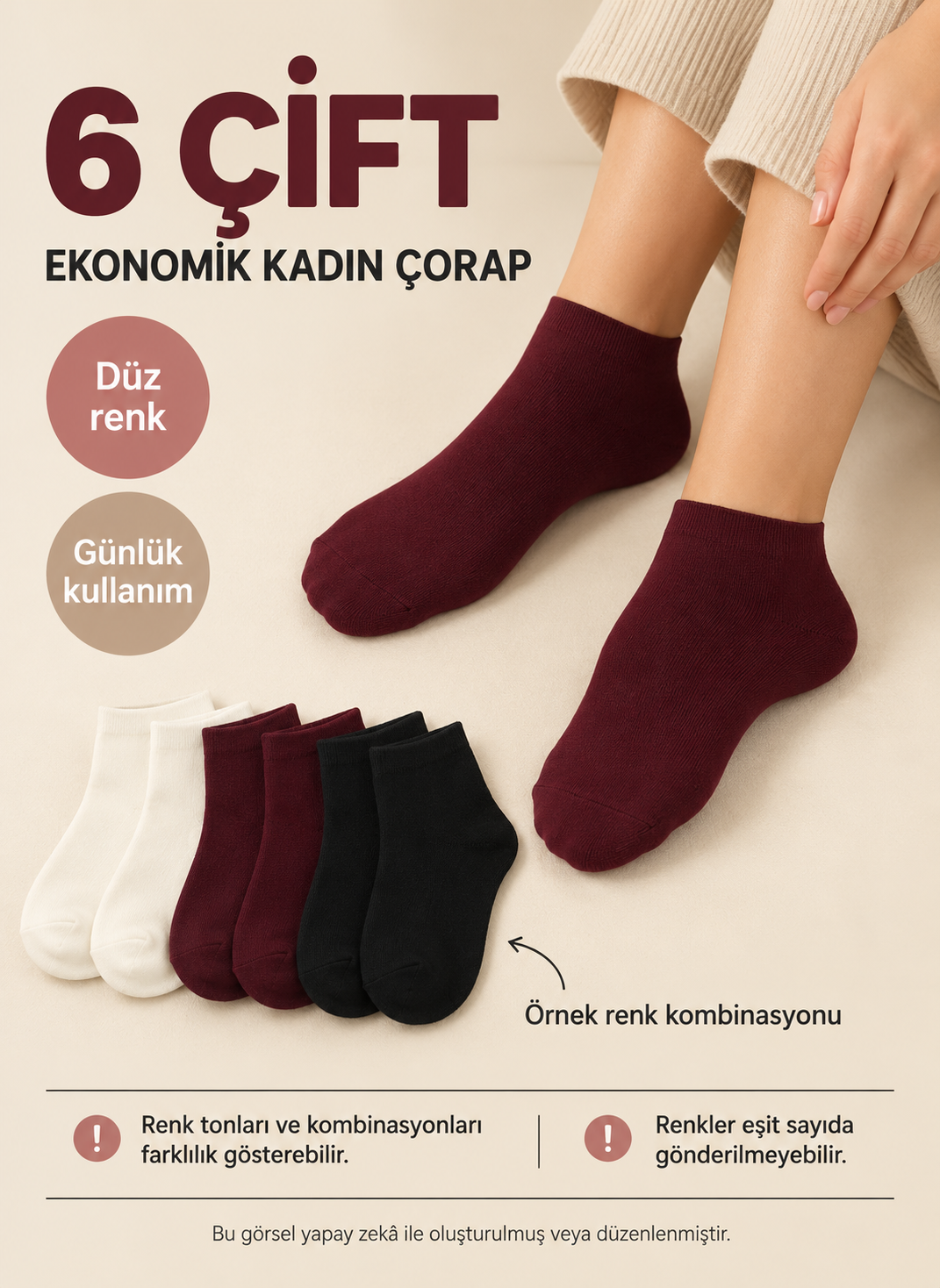 12 Çift Ekonomik Kadın Çorap – Düz Model, Karışık Renk Çoklu Paket — fotoğraf 3