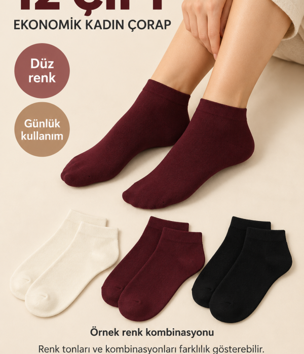 12 Çift Ekonomik Kadın Çorap – Düz Model, Karışık Renk Çoklu Paket
