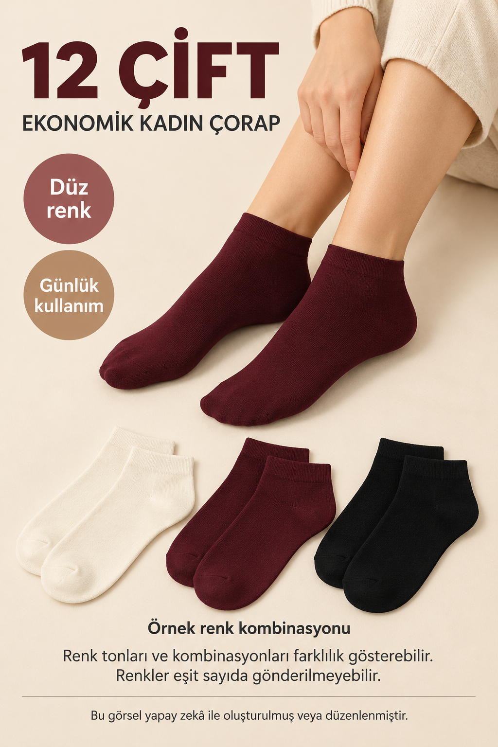 12 Çift Ekonomik Kadın Çorap – Düz Model, Karışık Renk Çoklu Paket — fotoğraf 1