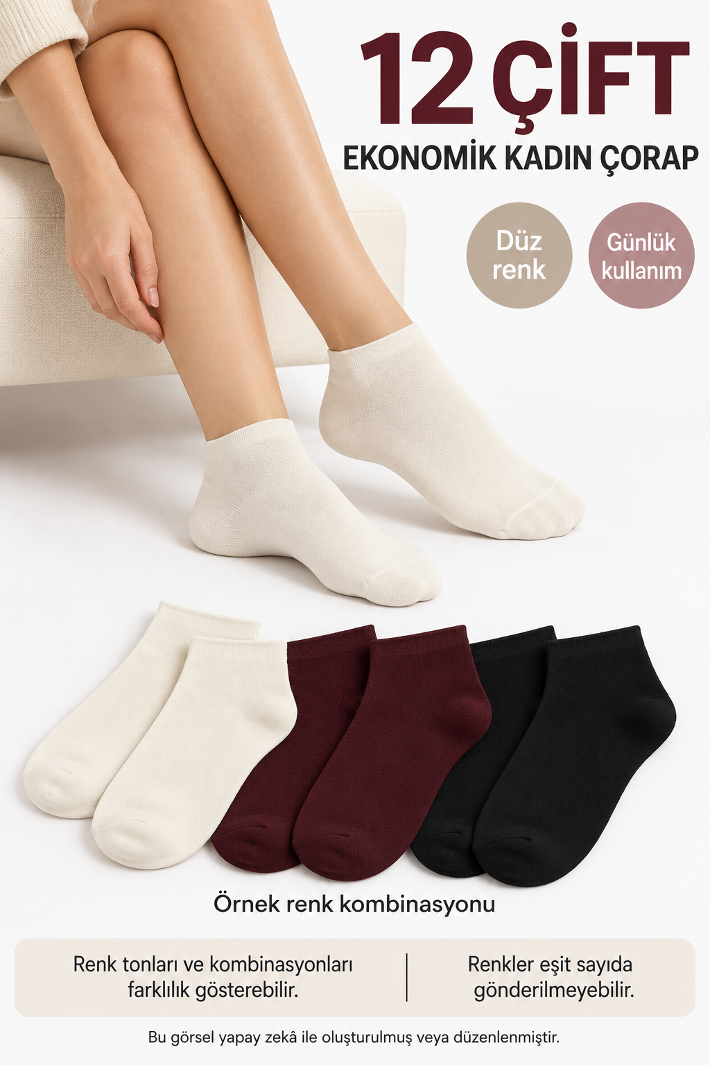 12 Çift Ekonomik Kadın Çorap – Düz Model, Karışık Renk Çoklu Paket — fotoğraf 2