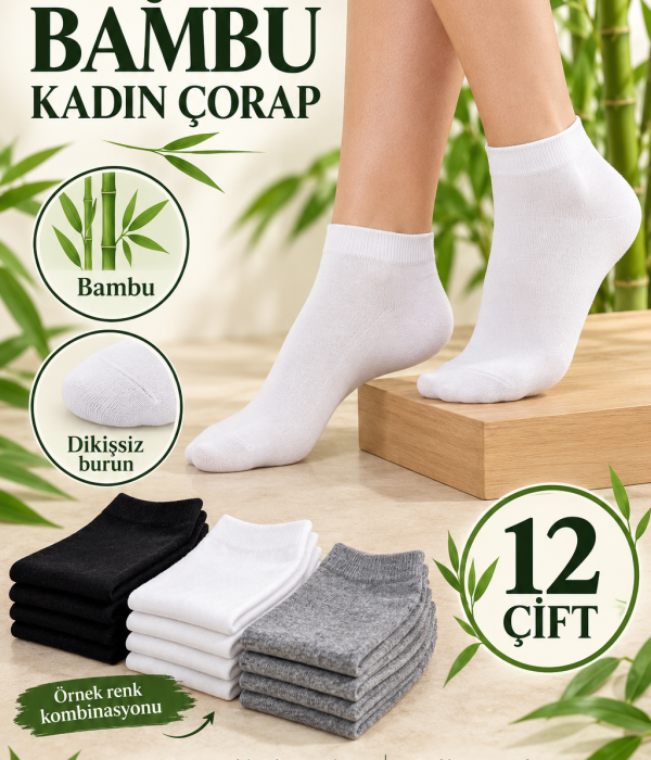 12 Çift Bambu Kadın Çorap – Dikişsiz Burun, Siyah Beyaz Gri
