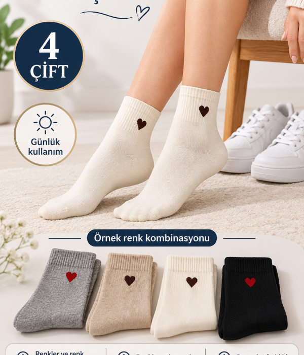 4 Çift Kalp Desenli Kadın Kolej Çorap – Karışık Renk, Günlük Kullanım