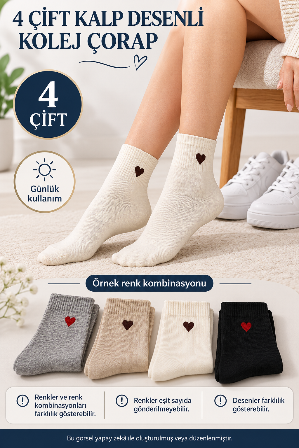 4 Çift Kalp Desenli Kadın Kolej Çorap – Karışık Renk, Günlük Kullanım — fotoğraf 1