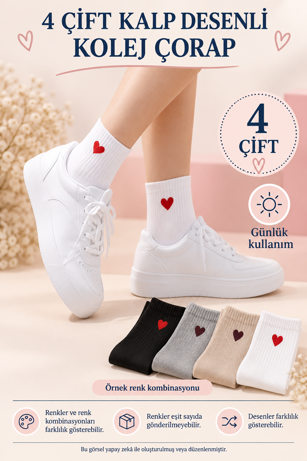 4 Çift Kalp Desenli Kadın Kolej Çorap – Karışık Renk, Günlük Kullanım — fotoğraf 3