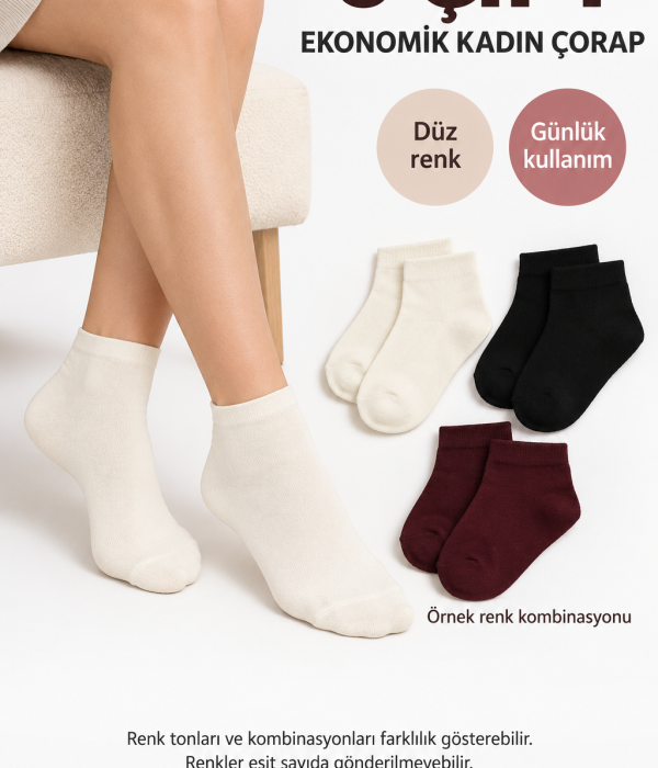 6 Çift Ekonomik Kadın Çorap – Düz Model, Karışık Renk