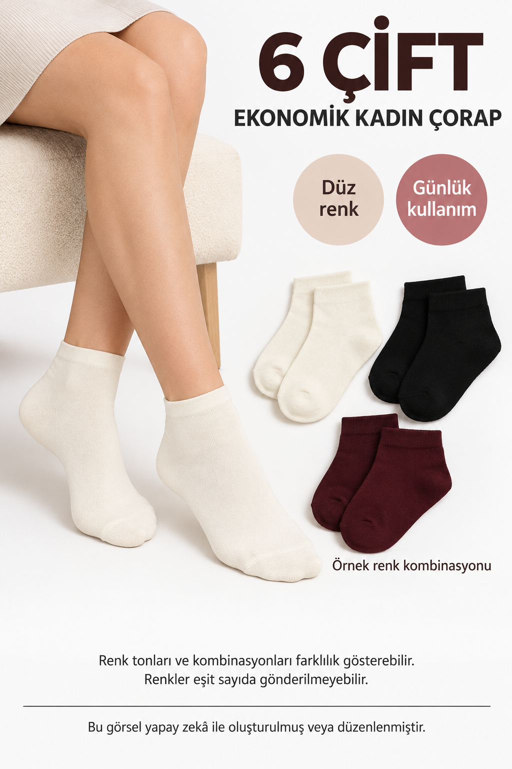 6 Çift Ekonomik Kadın Çorap – Düz Model, Karışık Renk — fotoğraf 1