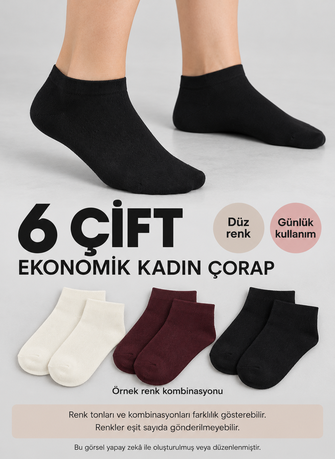 6 Çift Ekonomik Kadın Çorap – Düz Model, Karışık Renk — fotoğraf 3