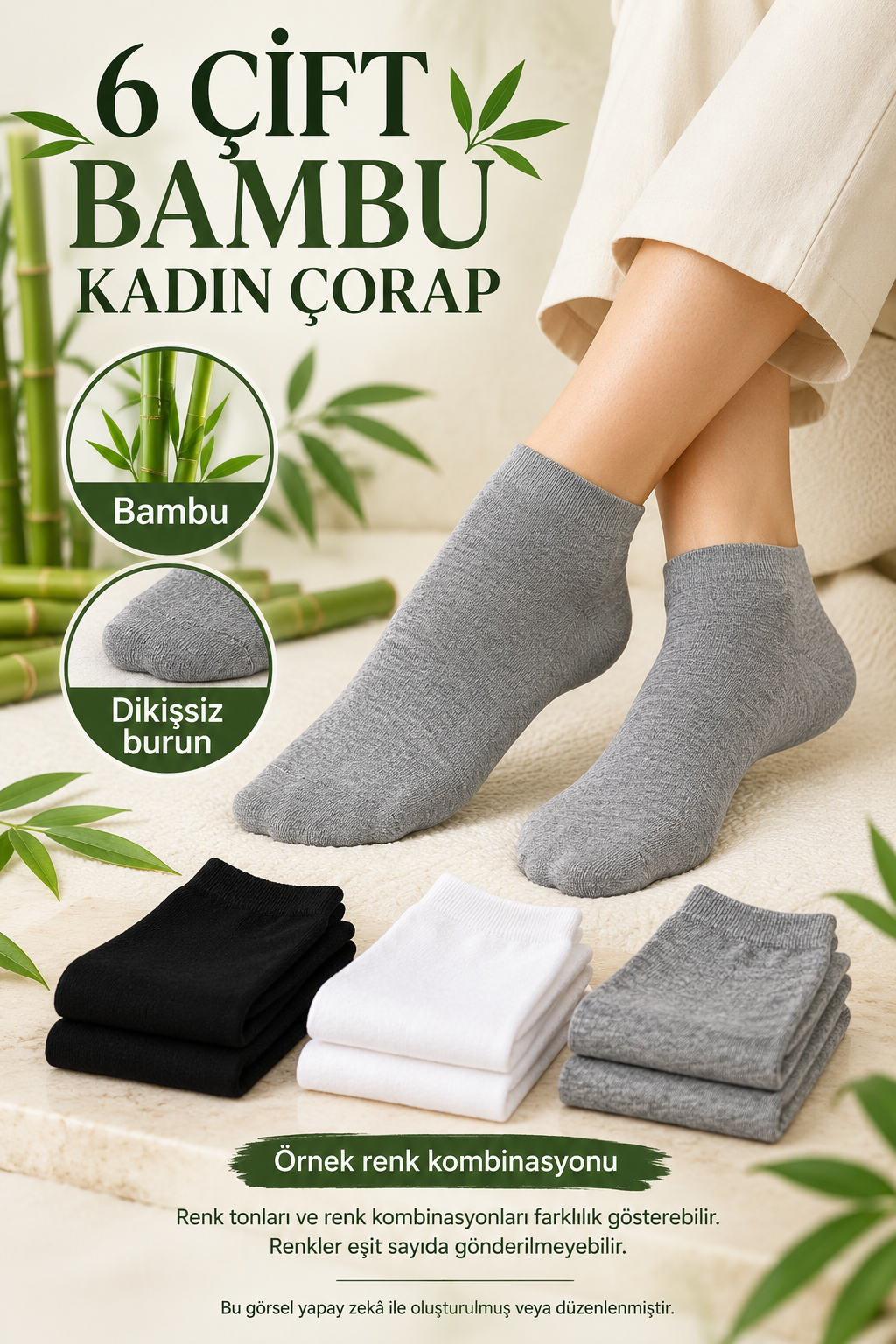 6 Çift Bambu Kadın Çorap – Dikişsiz Burun, Siyah Beyaz Gri — fotoğraf 3