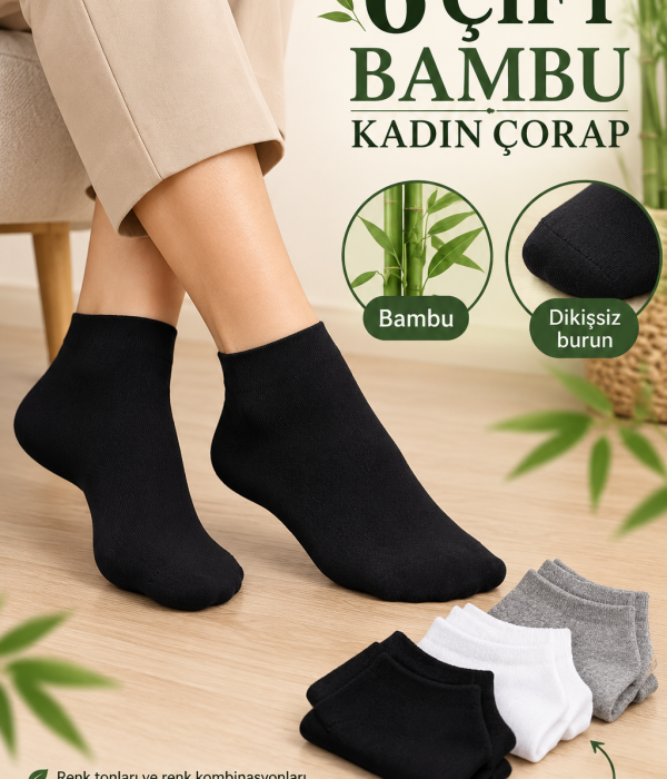6 Çift Bambu Kadın Çorap – Dikişsiz Burun, Siyah Beyaz Gri