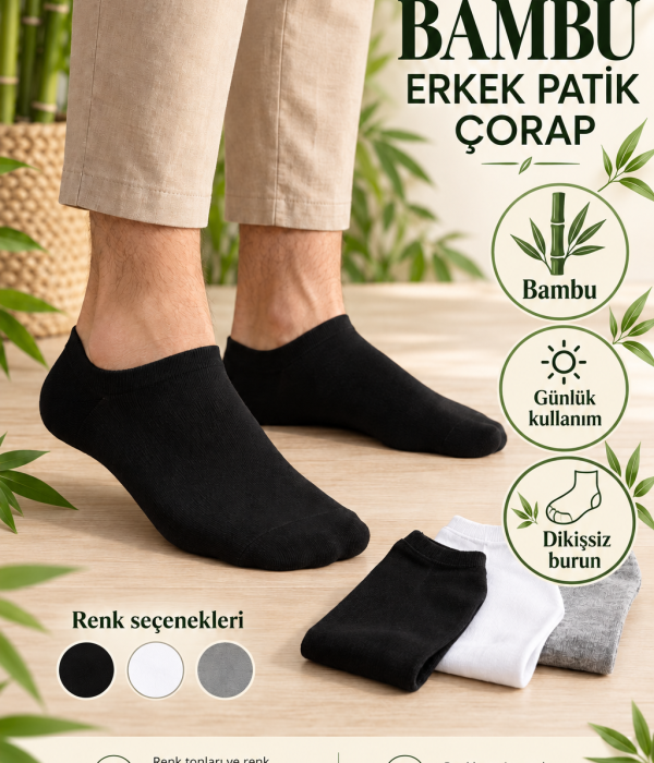 Bambu Erkek Patik Çorap – Dikişsiz Burun, Siyah Beyaz Gri