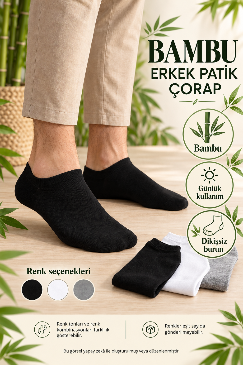 Erkek Bambu Dikişsiz Siyah Renkli Patik Çorap 12'Li Paket — fotoğraf 1