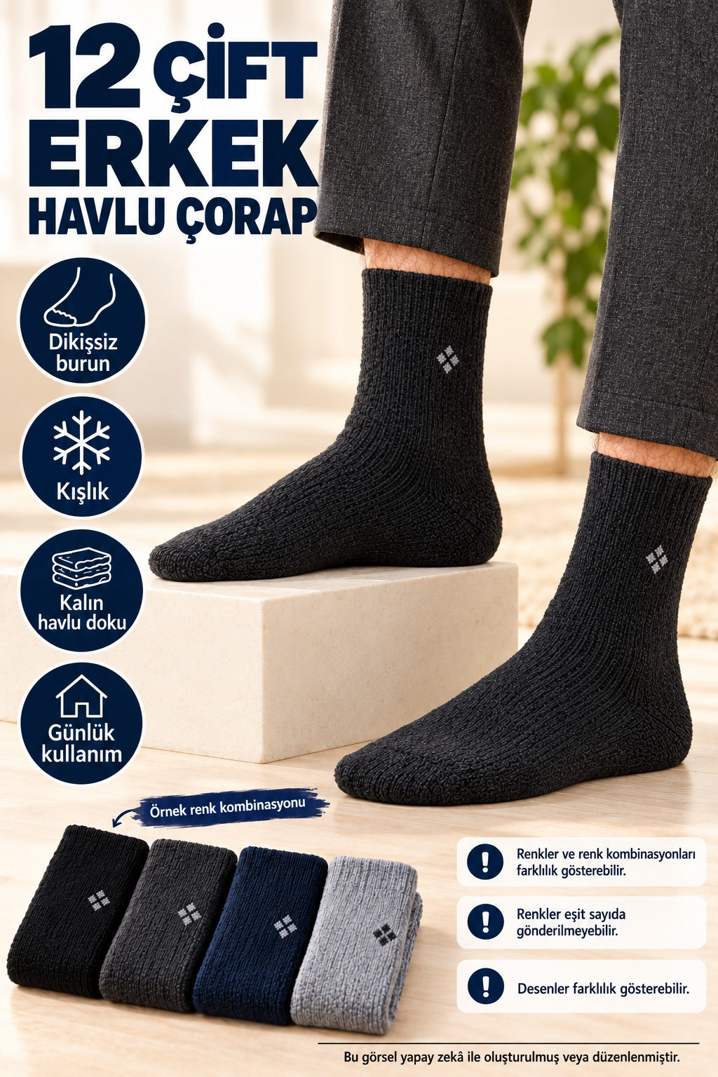 12 Çift Dikişsiz Burun Erkek Havlu Çorap – Kışlık Kalın, Küçük Desenli, Karışık Renk — fotoğraf 2