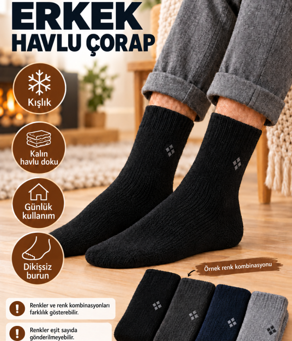 12 Çift Dikişsiz Burun Erkek Havlu Çorap – Kışlık Kalın, Küçük Desenli, Karışık Renk