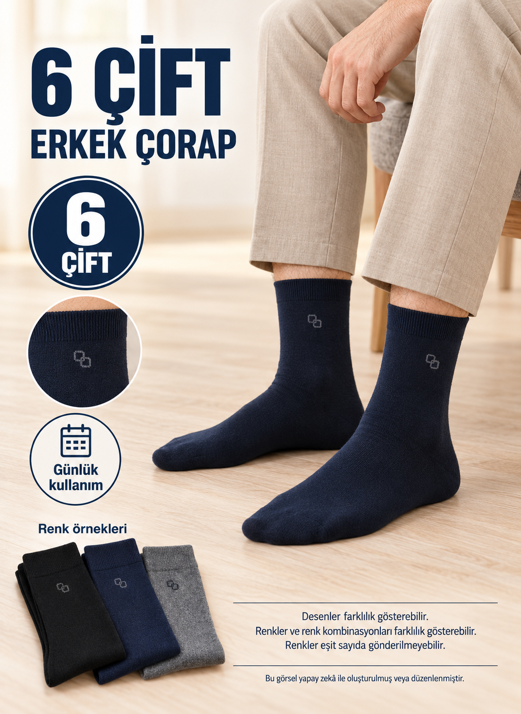 6 Çift Desenli Erkek Çorap – Karışık Renk, Günlük Kullanım — fotoğraf 2
