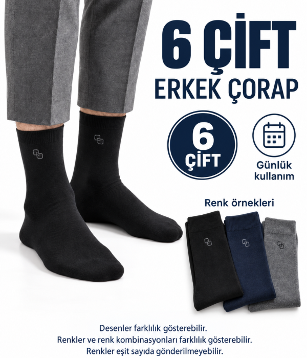 6 Çift Desenli Erkek Çorap – Karışık Renk, Günlük Kullanım