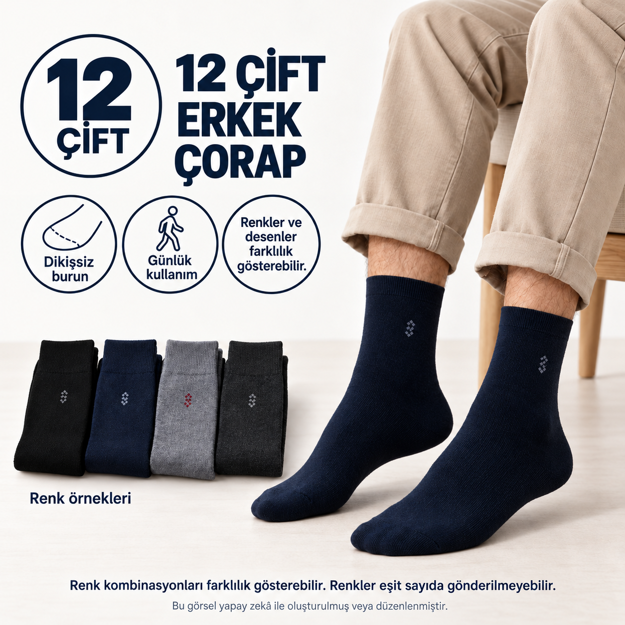 12 Çift Desenli Erkek Çorap – Dikişsiz Burun, Karışık Renk, Günlük Kullanım — fotoğraf 2