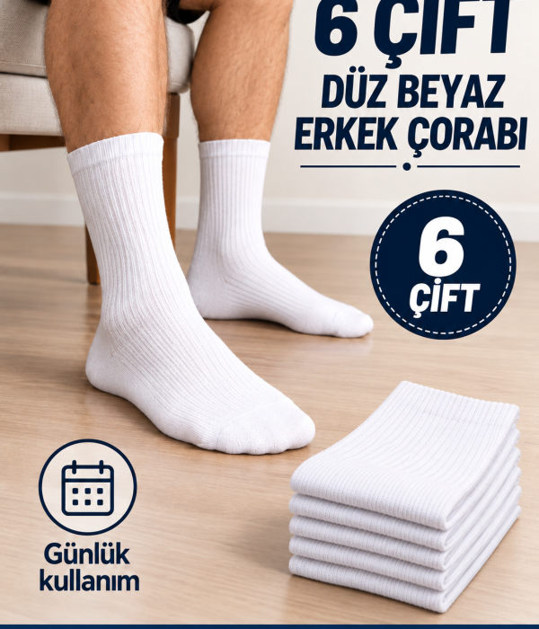 6 Çift Düz Beyaz Erkek Çorap – Günlük Kullanım