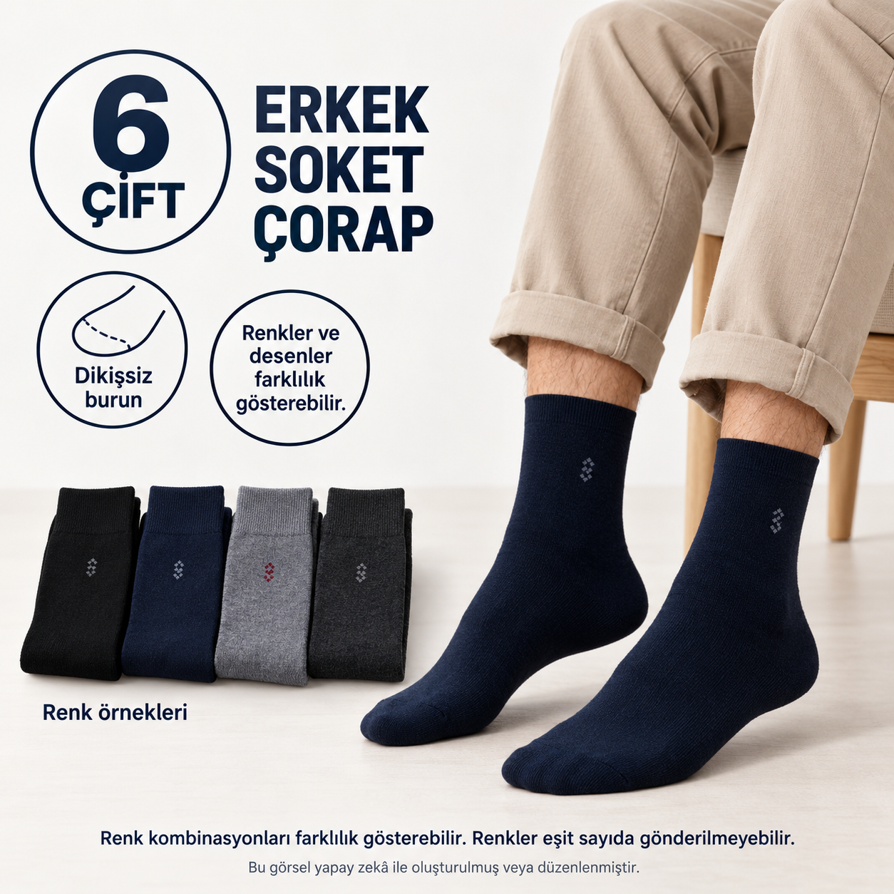 6 Çift Dikişsiz Burun Erkek Soket Çorap – Küçük Desenli, Karışık Renk — fotoğraf 1