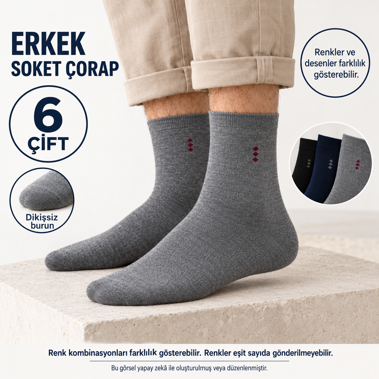 6 Çift Dikişsiz Burun Erkek Soket Çorap – Küçük Desenli, Karışık Renk — fotoğraf 3