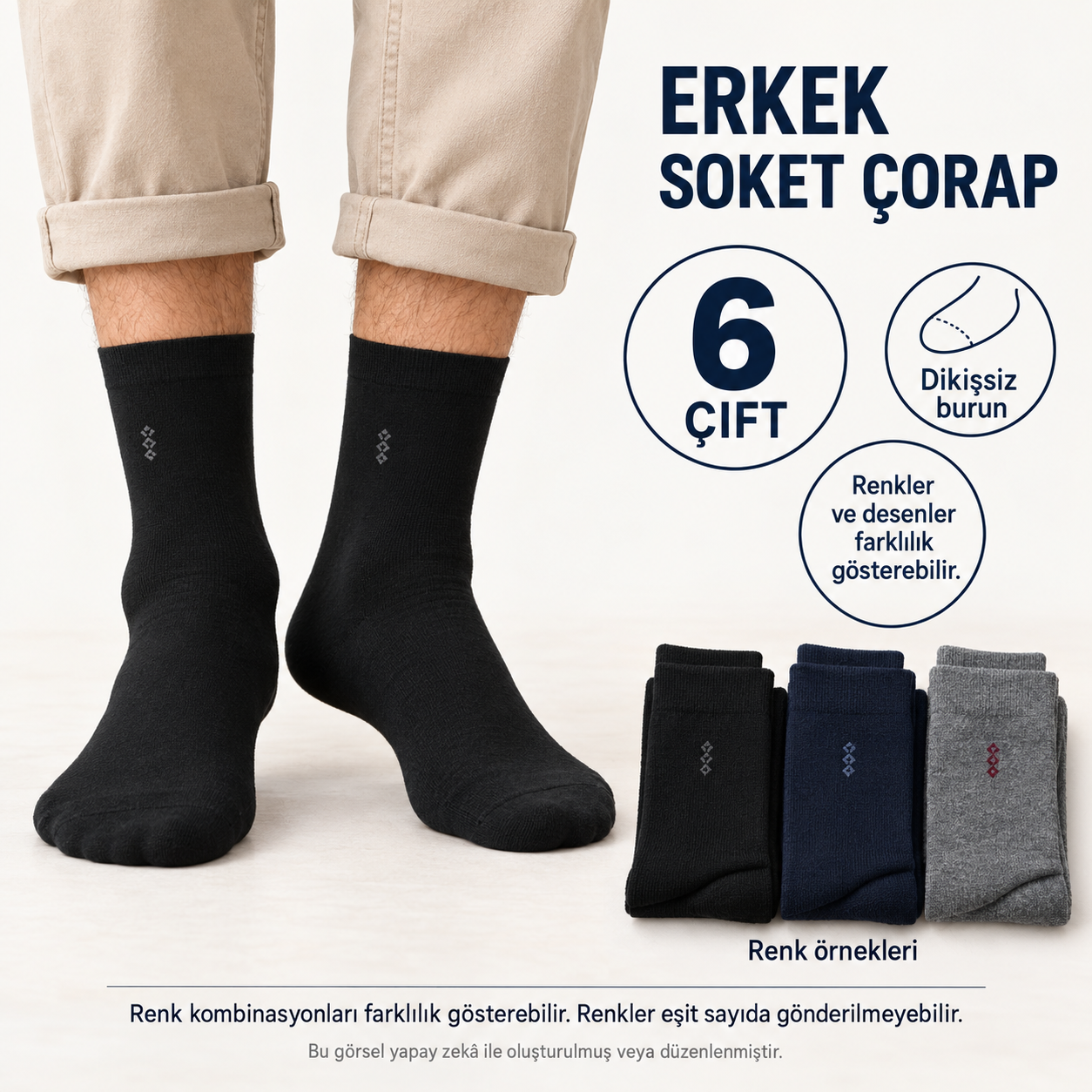 6 Çift Dikişsiz Burun Erkek Soket Çorap – Küçük Desenli, Karışık Renk — fotoğraf 2