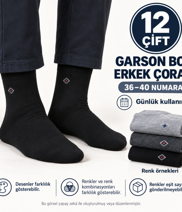 12 Çift Garson Boy Erkek Çorap 36–40 Numara – Günlük Kullanım, Karışık Renk