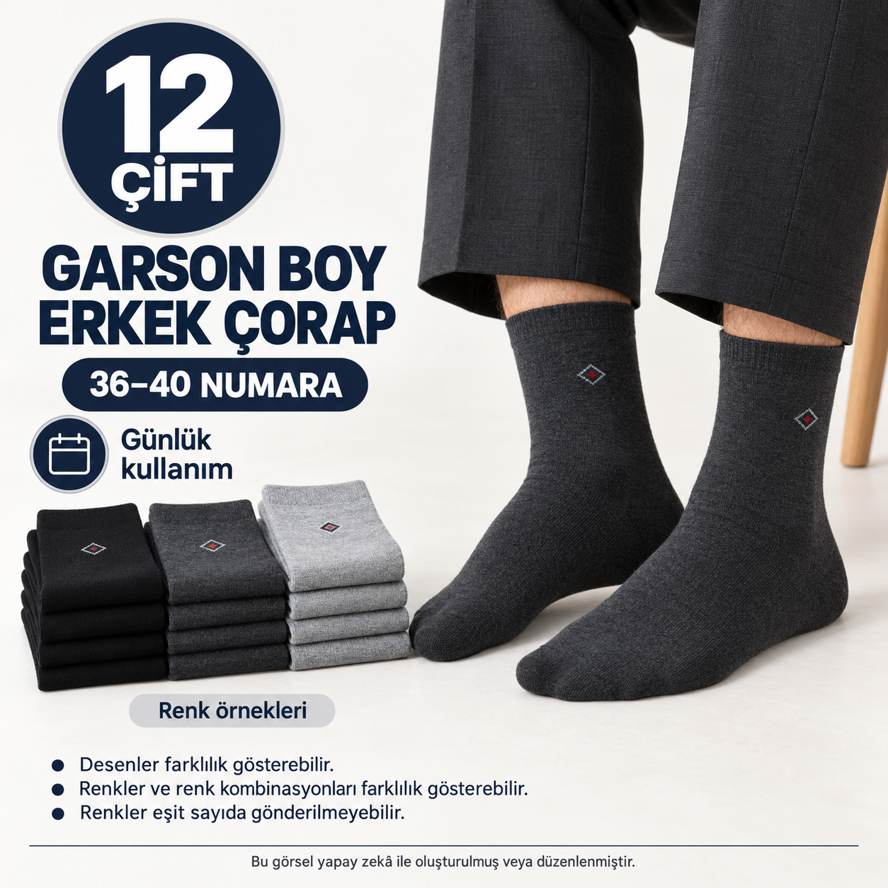 12 Çift Garson Boy Erkek Çorap 36–40 Numara – Günlük Kullanım, Karışık Renk — fotoğraf 2