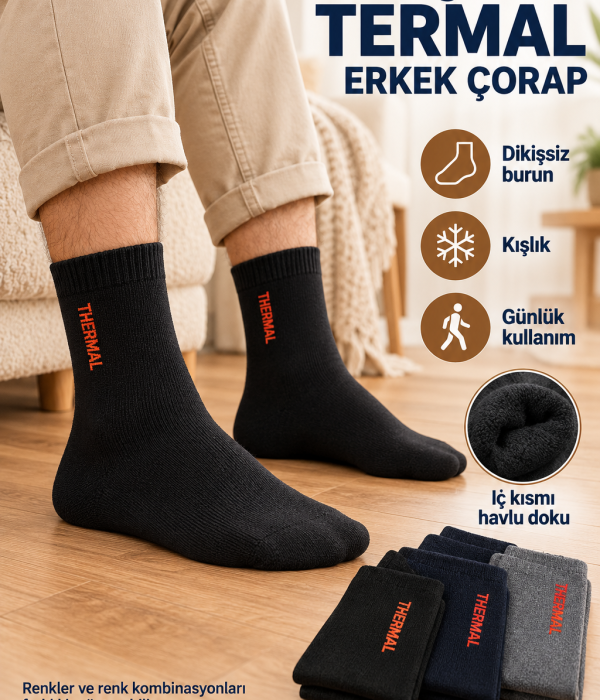 12 Çift Termal Erkek Çorap – Dikişsiz Burun, Kışlık, Karışık Renk
