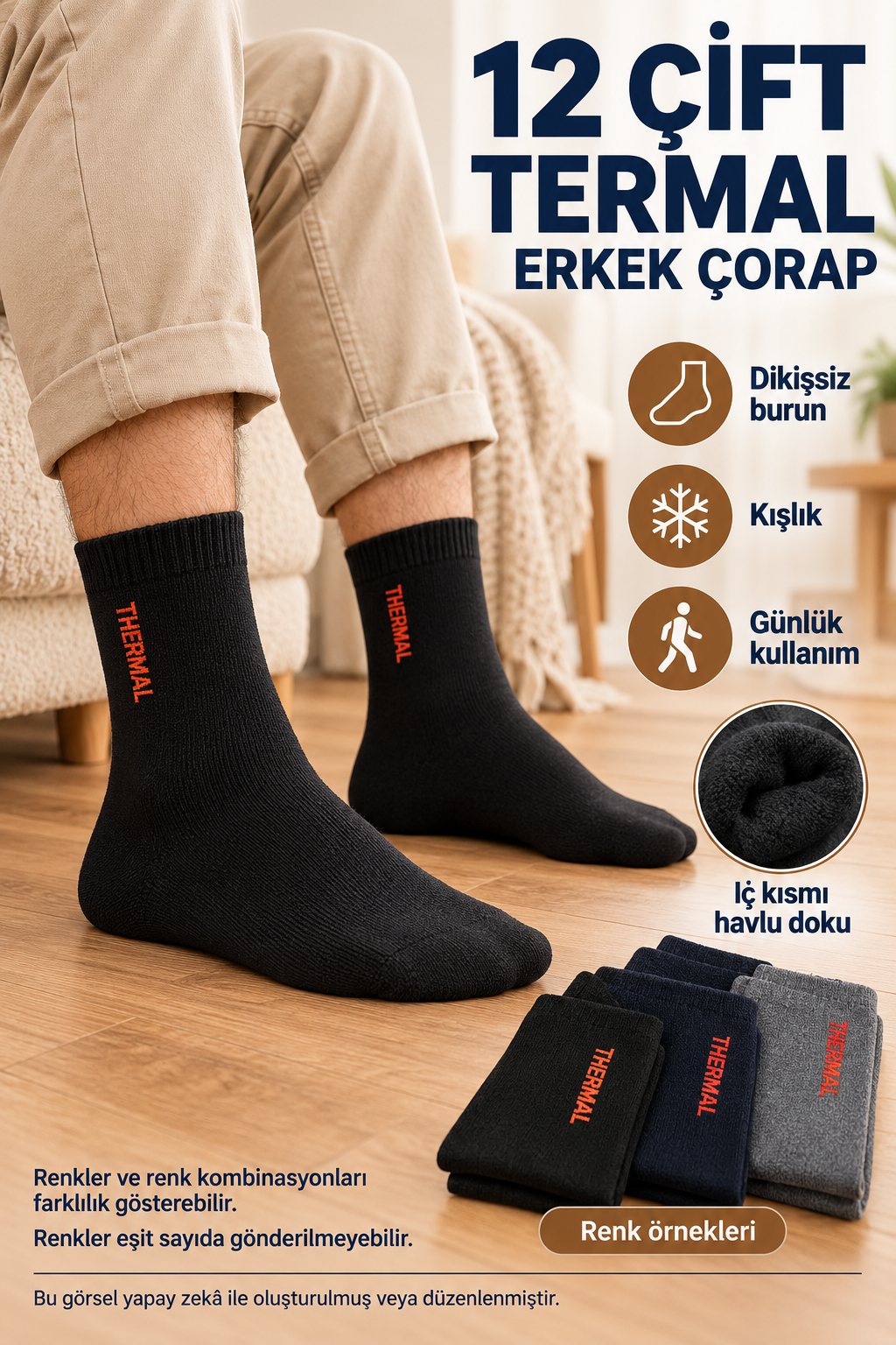 12 Çift Termal Erkek Çorap – Dikişsiz Burun, Kışlık, Karışık Renk — fotoğraf 1