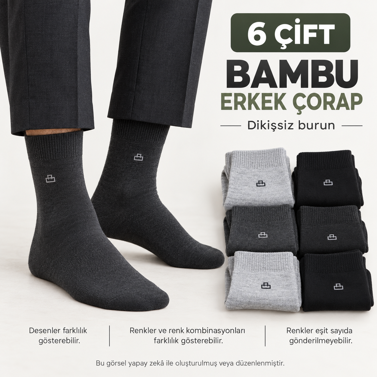 6 Çift Bambu Erkek Soket Çorap – Küçük Desenli, Dikişsiz Burun, Karışık Renk — fotoğraf 1