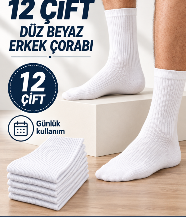 12 Çift Düz Beyaz Erkek Çorap – Günlük Kullanım