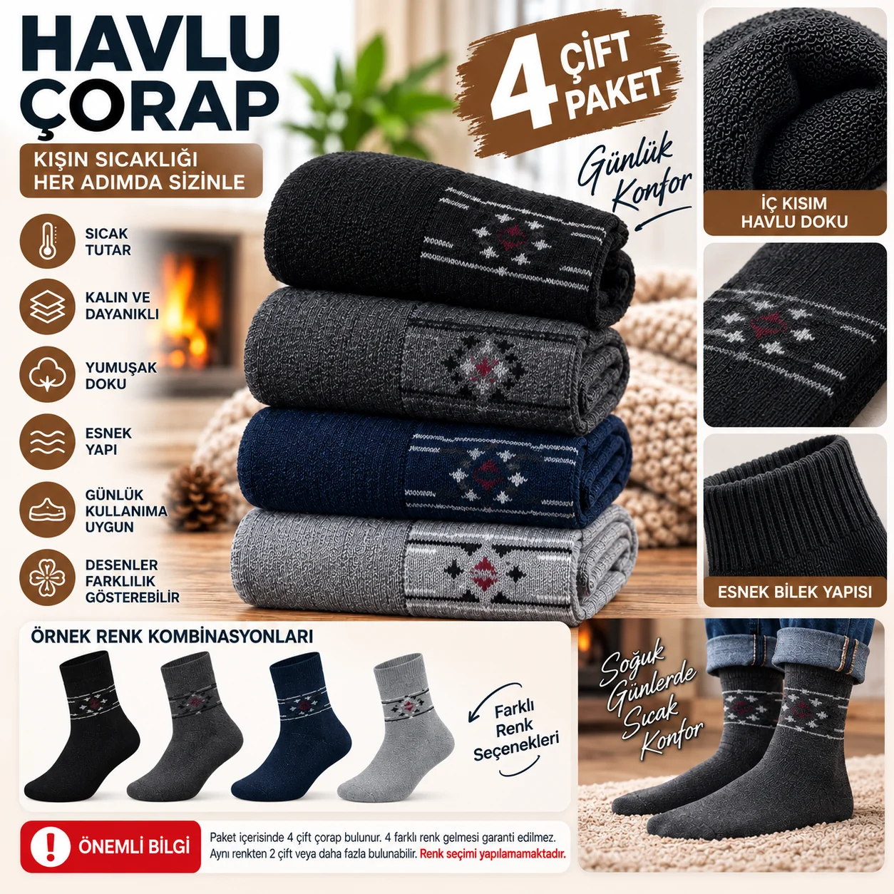 Karışık Renk Erkek Uzun Kışlık Dikişsiz Havlu Çorap 4'lü Paket 4 Çift — fotoğraf 2