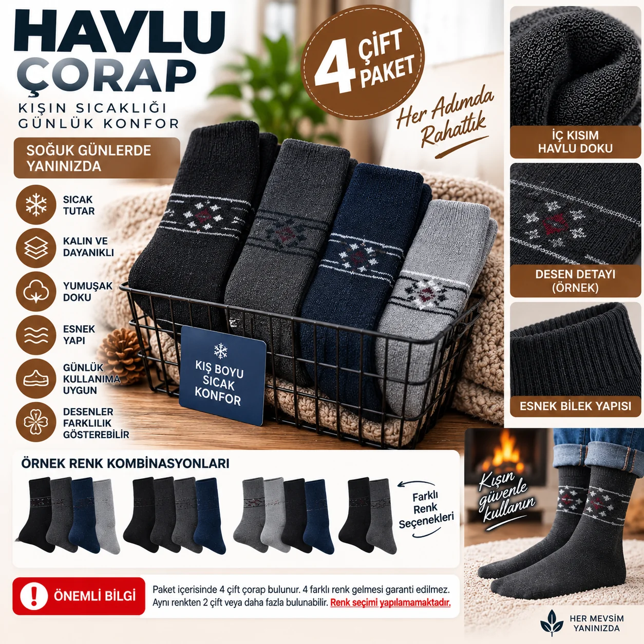 Karışık Renk Erkek Uzun Kışlık Dikişsiz Havlu Çorap 4'lü Paket 4 Çift — fotoğraf 1
