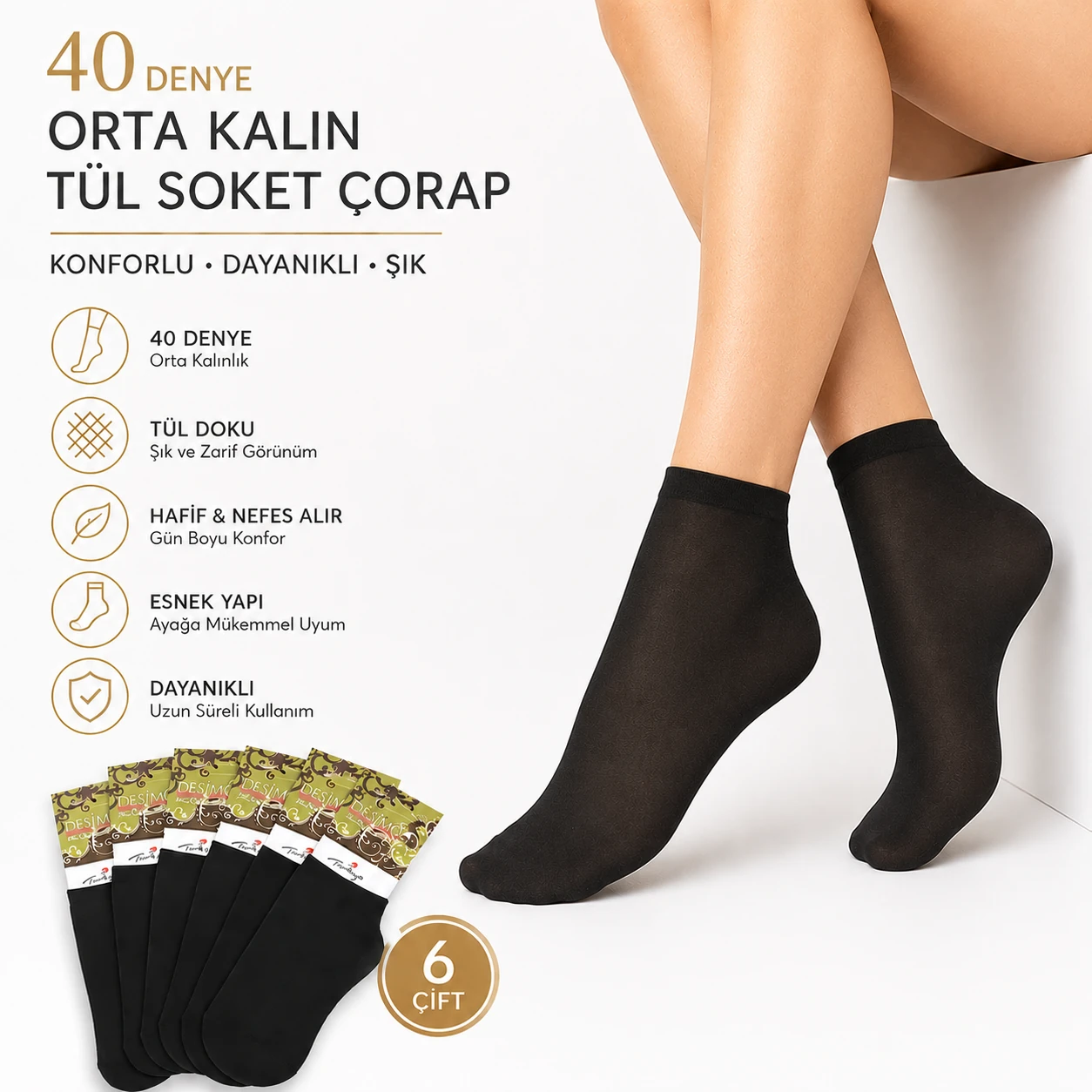 6 Çift Düz 40 Denye Kadın Soket Çorap Siyah Rengi — fotoğraf 1