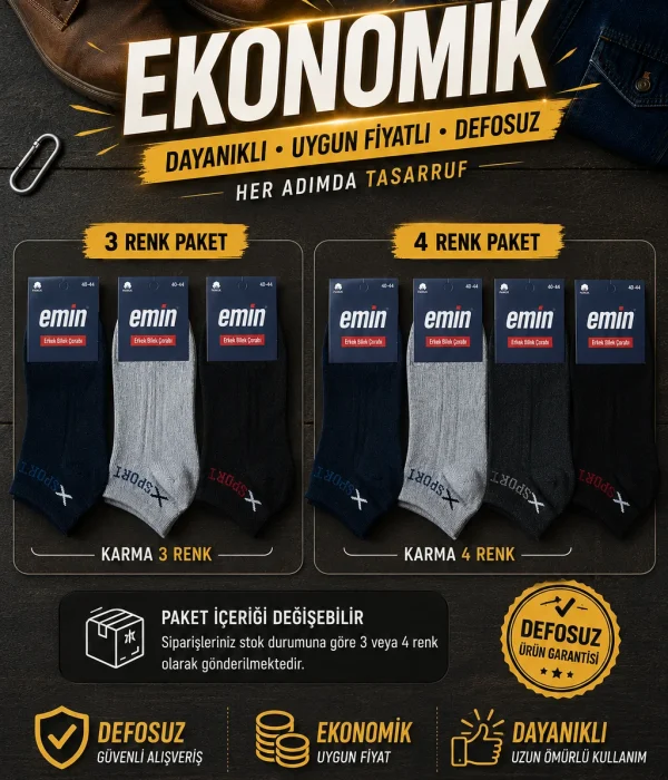 Erkek Karışık Renkli Patik Çorap 12'Li Paket Ekonomik Paket