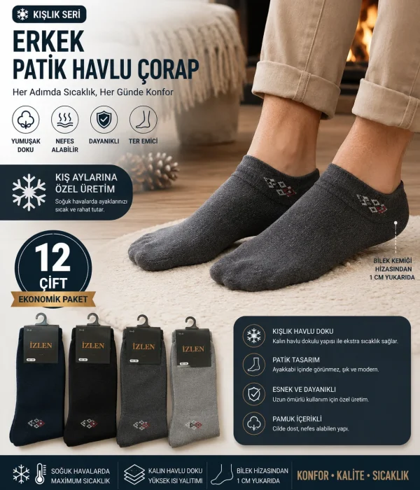 12 Çift Erkek Kışlık Bilek Boy Havlu Çorap