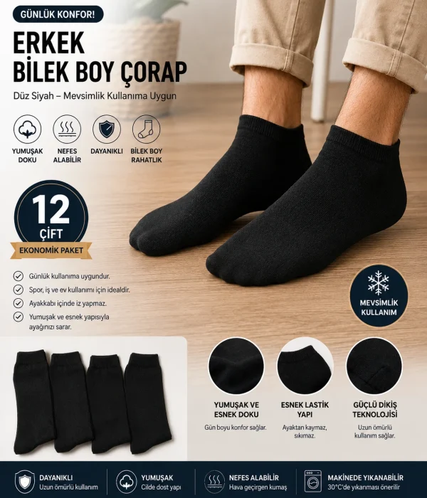 Erkek Düz Siyah Renk Penye Patik Çorap 12'Li Paket