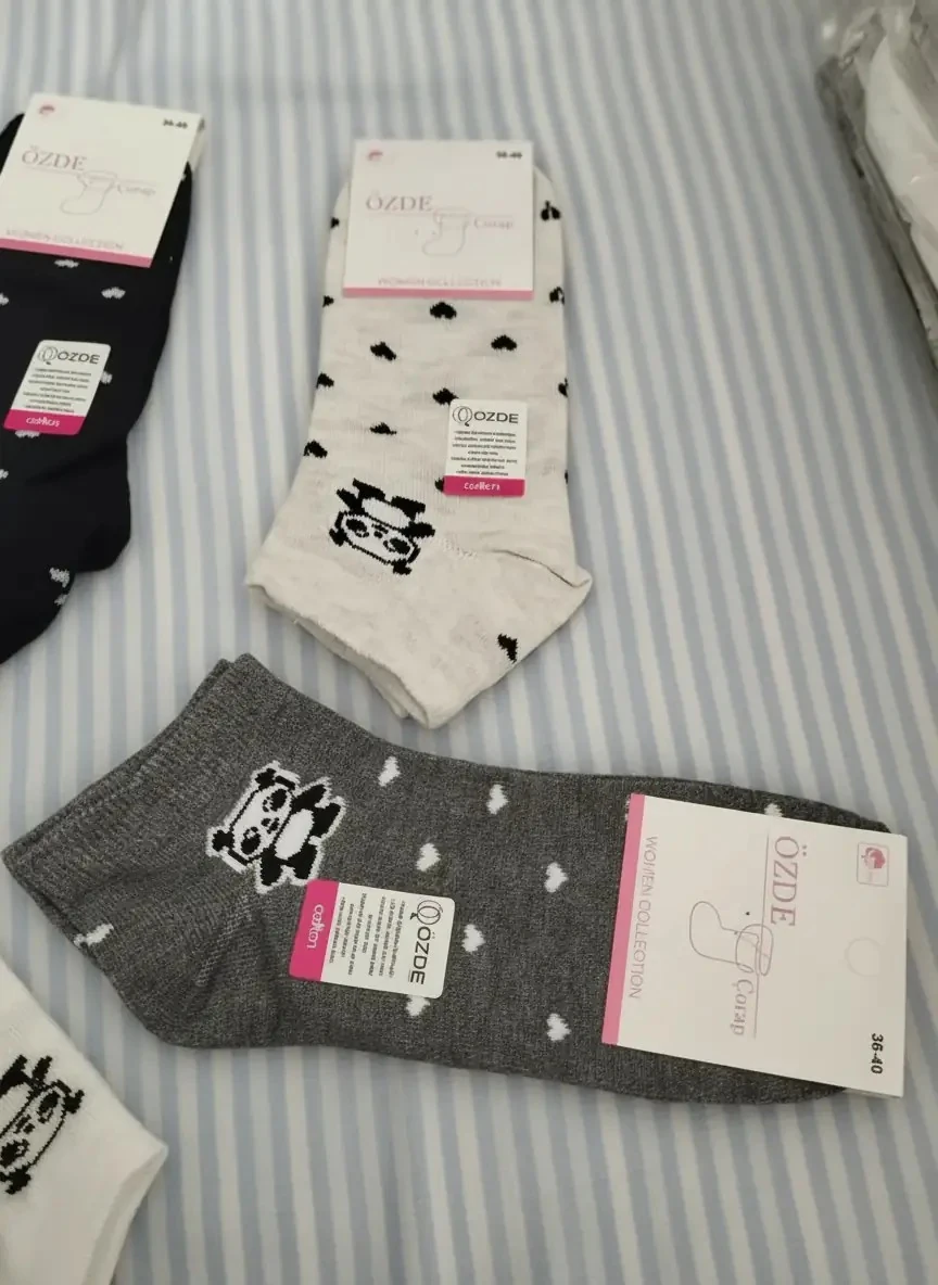 Bayan Panda-Kalp Desenli Karışık Renk Mevsimlik Pamuklu Patik Çorap 12'li Paket — fotoğraf 3