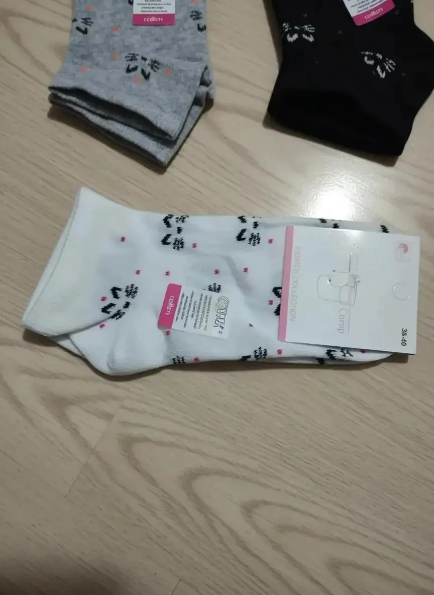 Bayan Kedi Desenli Karışık Renk Mevsimlik Pamuklu Patik Çorap 12'li Paket — fotoğraf 2