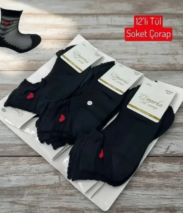 Penye Taban 12 Çift Desenli Bayan Siyah Tül Soket Çorap Model 13