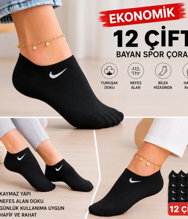 Unisex Siyah Ekonomik Marka Bilek Boy Çorap 12'li Paket 36-40