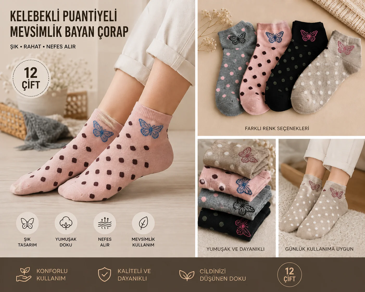 Kelebekli Puantiyeli Desenli Pamuklu Bayan Patik Çorap 12'Li Paket — fotoğraf 1