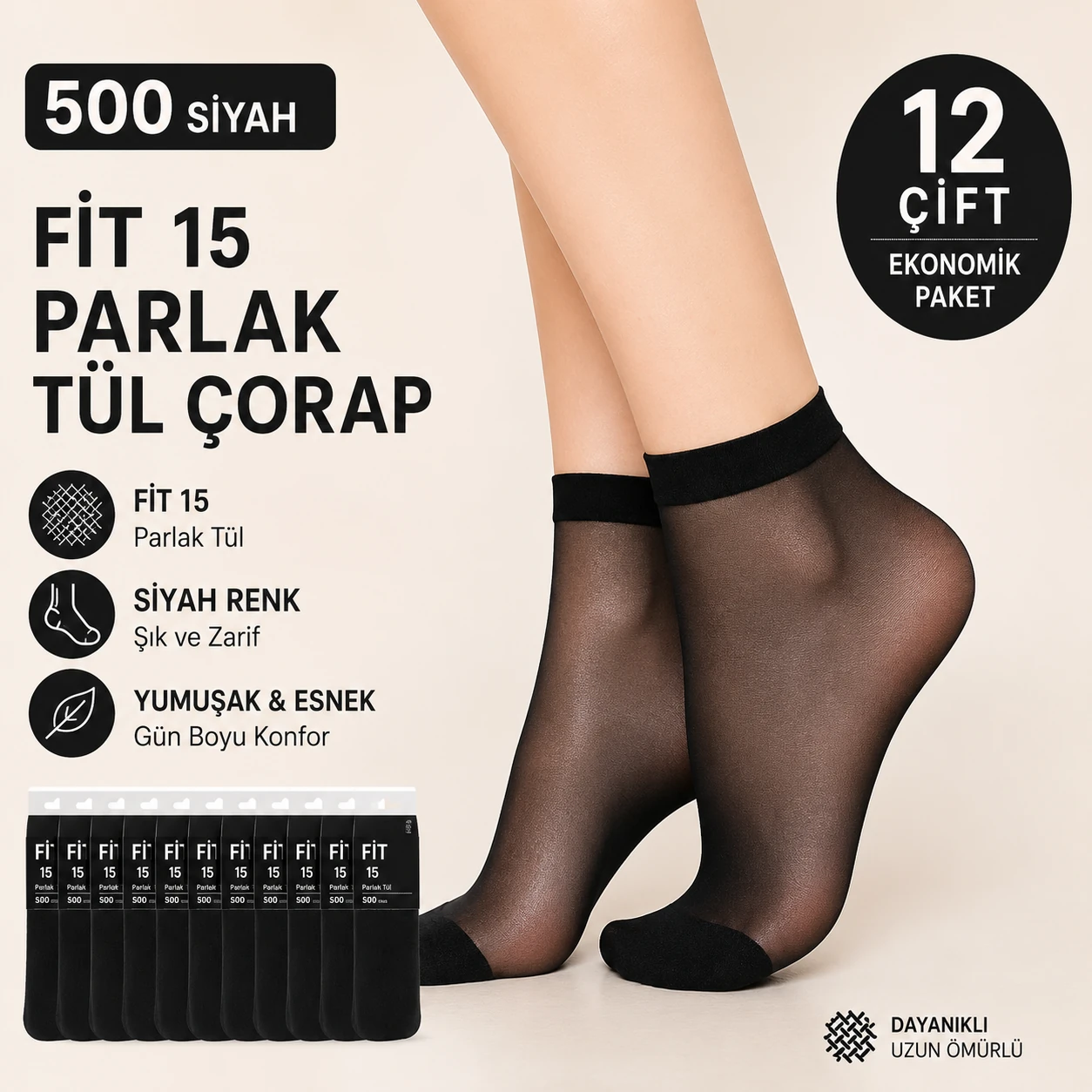 Parlak Ince Fit 15 Soket Kadın Çorap 12'Li Paket — fotoğraf 1