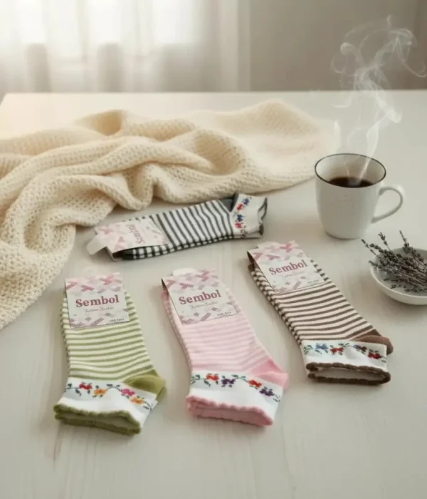 Çizgili Çiçekli Desenli Bayan Patik Çorap 12'Li Paket