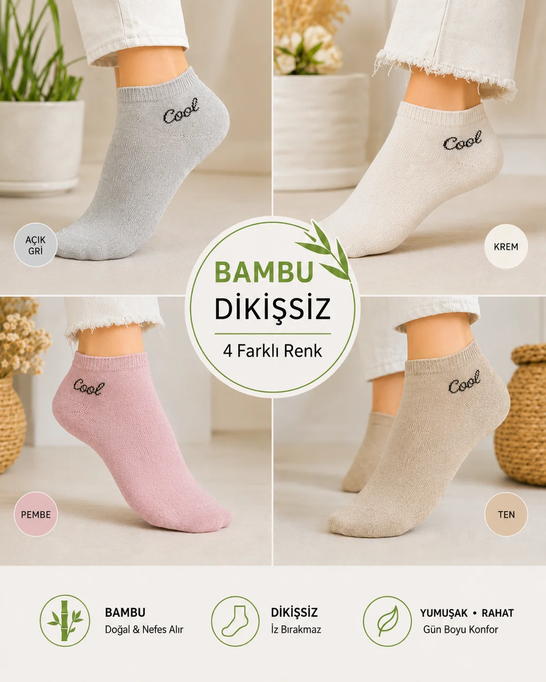 Bambu Dikişsiz Desenli Karışık Renk Bayan Patik Çorap 12'Li Paket — fotoğraf 1