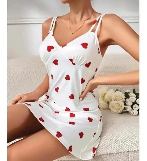 Penye Pamuklu Beyaz Kalp Desenli Fantezi Gecelik (L-XL)