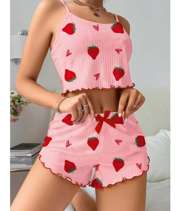 Pembe Pamuklu Çilek Desenli Fırfırlı Şortlu Pijama Takımı Rahat Gecelik (L-XL)
