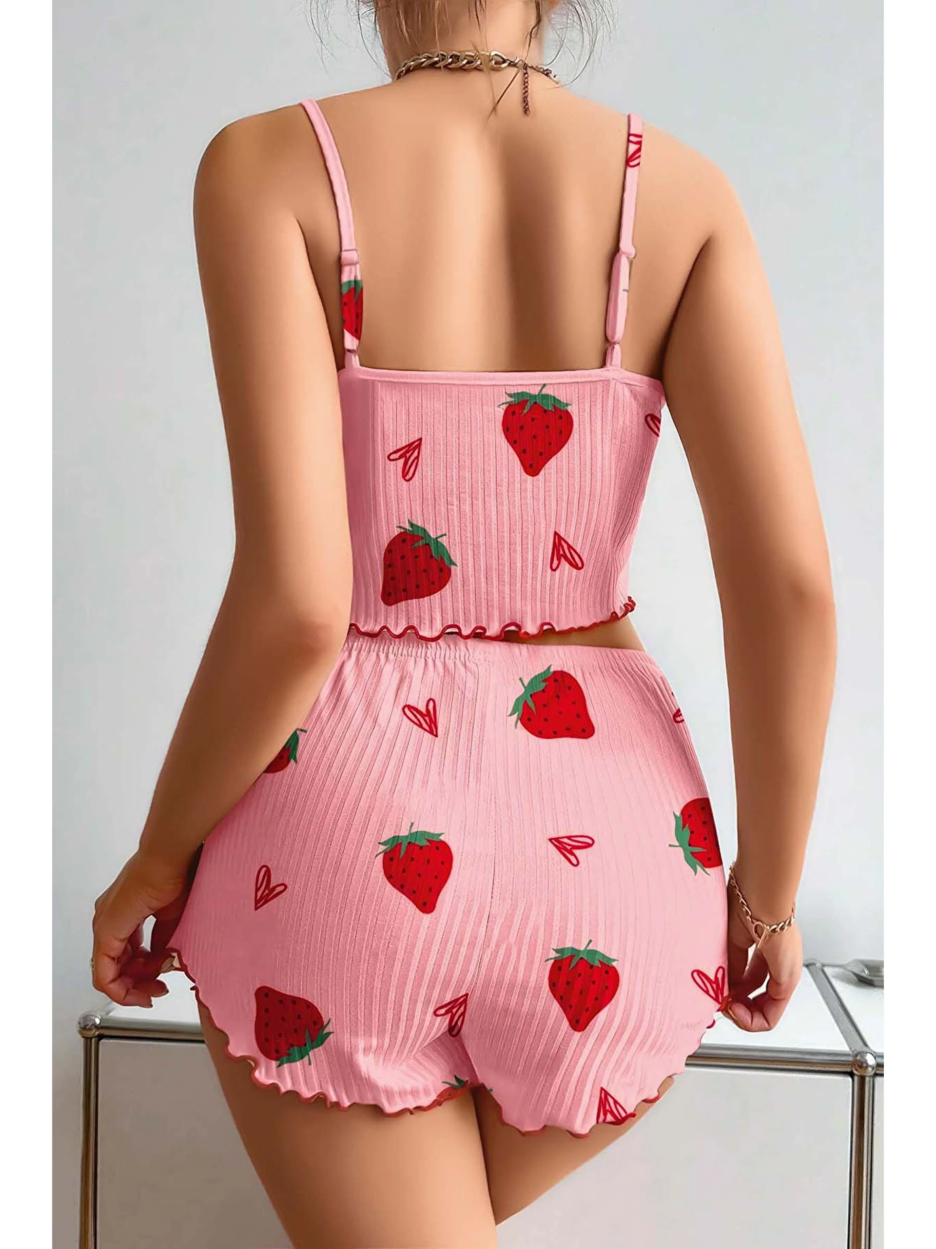 Pembe Pamuklu Çilek Desenli Fırfırlı Şortlu Pijama Takımı Rahat Gecelik (L-XL) — fotoğraf 2