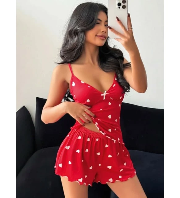 Kırmızı Kalpli İnce Askılı Şortlu Takım Gecelik (L-XL) — fotoğraf 1