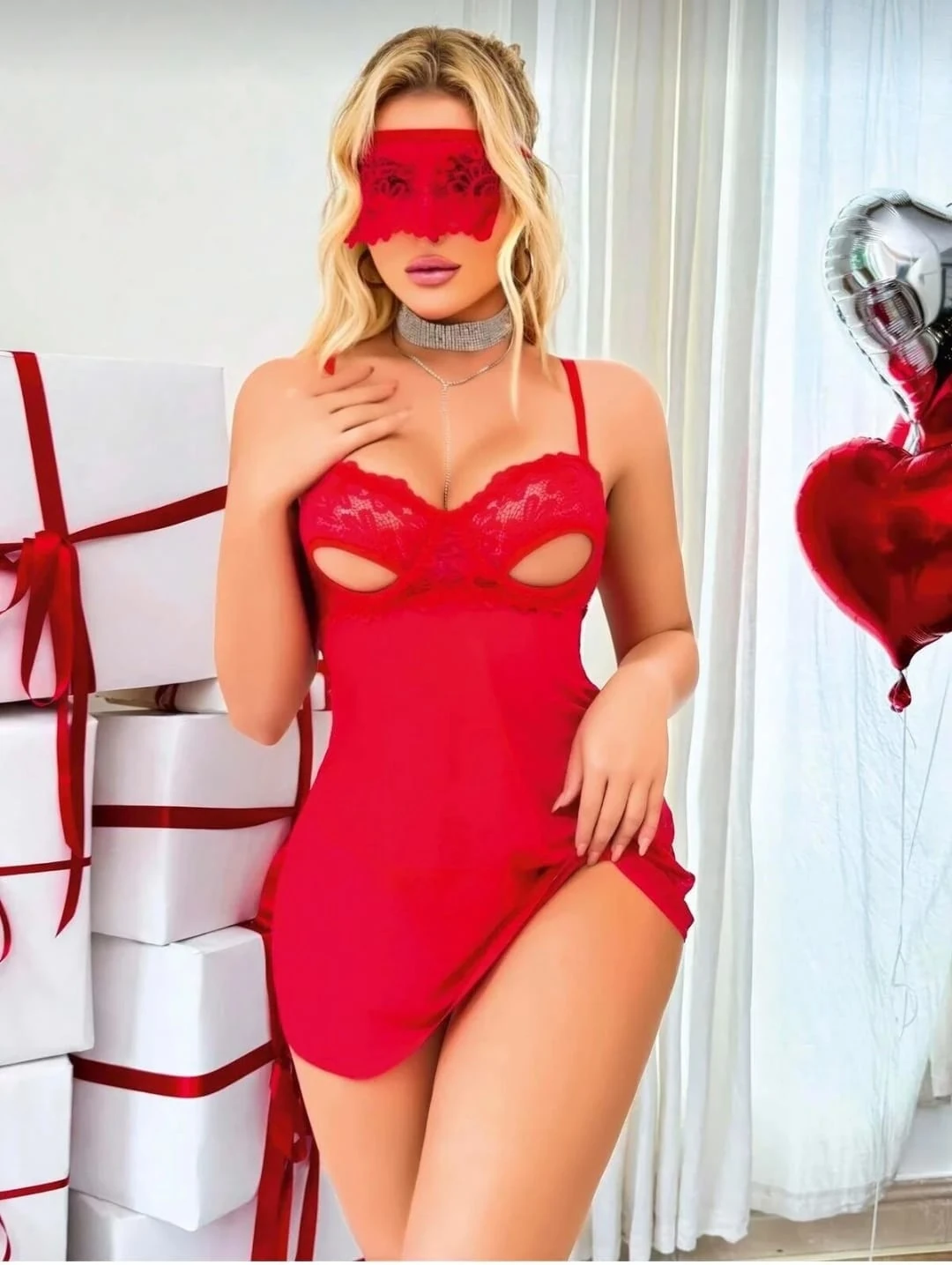 Kırmızı Göğüs Dekolteli Transparan Gecelik 3 Parça — fotoğraf 1