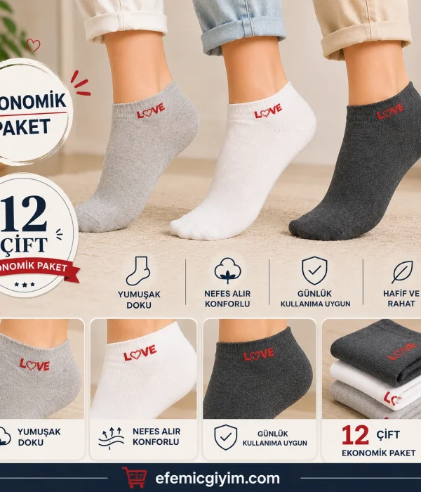 Love Desenli Karışık Renk Bayan Patik Çorap 12'Li Paket